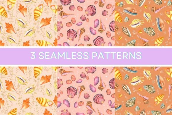 3 Seamless Patterns. Watercolor. Shells