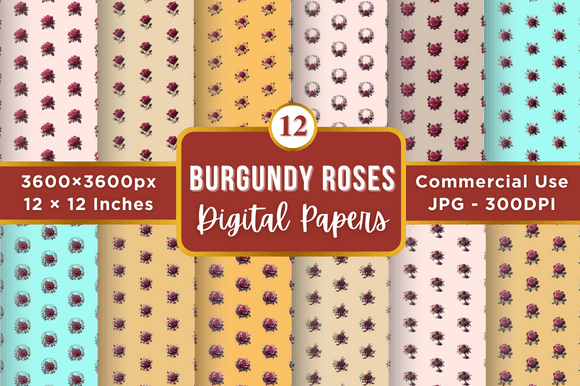 Burgundy Roses Digital Paper Patterns
