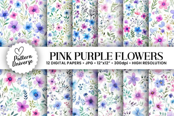 Pink Purple Watercolor Flower Patterns for Creative Projects